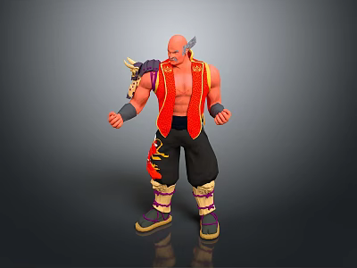 Muscular Game and Movie Character With Red Vest Black Pants Horned Shoulders And Decorative Patterns 3d model