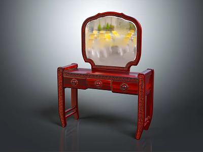 Traditional Wooden Red Dressing Table With Carved Details Arched Mirror And Drawers 3d model