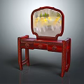 Traditional Wooden Red Dressing Table With Carved Details Arched Mirror And Drawers