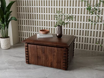 Wooden Coffee Table with Vase Books and Bowl against Latticed Wall and Plant 3d model