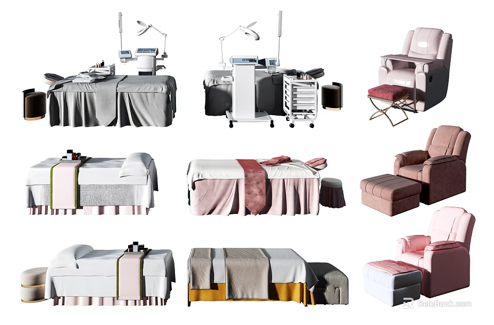 Various Styles Massage Beds In Spa Salon With Beauty Equipment And Stools 3d model 