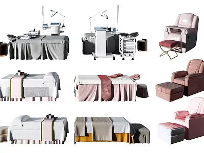 Various Styles Massage Beds In Spa Salon With Beauty Equipment And Stools 3d model