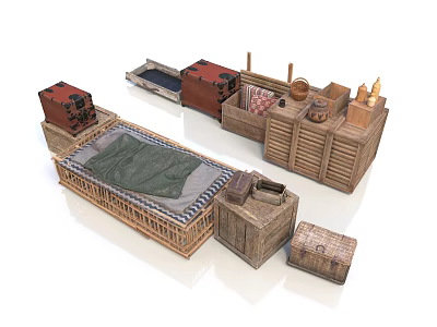 Vintage Storage Collection Featuring Wicker Bed Wooden Trunks And Red Suitcases 3d model