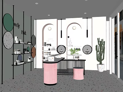 Modern Specialty Store Interior With Circular Decor Pink Counter Green Plants Arches And Hanging Lights 3d model