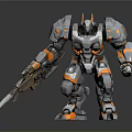 Gray And Orange Sci Fi Armored Robot Warrior With Weapon And Mechanical Design