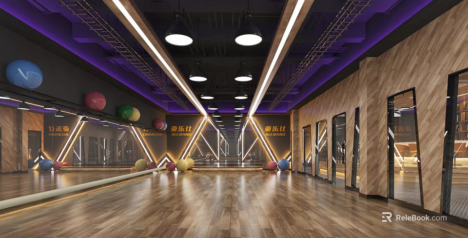 Modern Sports Fitness Gym Interior With Wooden Flooring Mirror Walls And Colorful Exercise Balls 3d model 