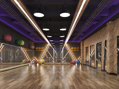 Modern Sports Fitness Gym Interior With Wooden Flooring Mirror Walls And Colorful Exercise Balls 3d model