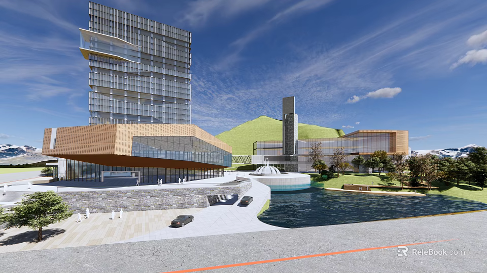 Scenic Modern Commercial Complex With Contemporary Architecture Water Feature Greenery And Open Plaza 3d model 