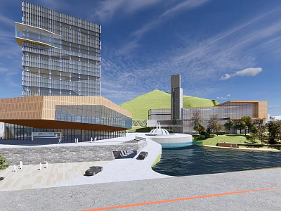 Scenic Modern Commercial Complex With Contemporary Architecture Water Feature Greenery And Open Plaza 3d model
