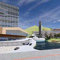 Scenic Modern Commercial Complex With Contemporary Architecture Water Feature Greenery And Open Plaza