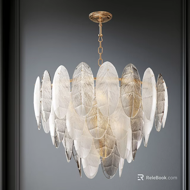 Elegant Layered Leaf Shaped Chandelier with Translucent Glass Petals Gold Chain and Modern Design 3d model 