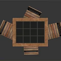 Modern Outdoor Table With Square Tile Top And Four Wooden Striped Chairs For Patio