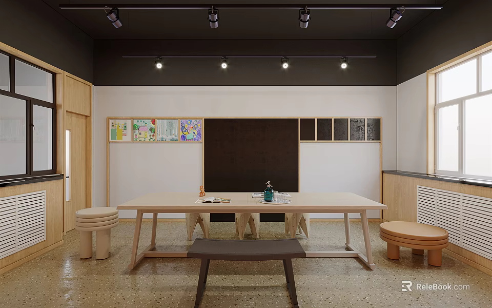 Kindergarten Learning Space With Large Wooden Table Small Stools And Children's Paintings On Wall 3d model 