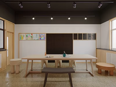 Kindergarten Learning Space With Large Wooden Table Small Stools And Children's Paintings On Wall 3d model