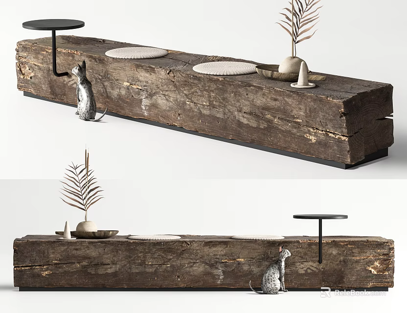 Natural Wooden Outdoor Bench With Round Cushions Side Table And Plant Decor 3d model 