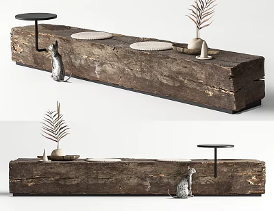 Natural Wooden Outdoor Bench With Round Cushions Side Table And Plant Decor 3d model