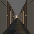 Modern Hotel Corridor Interior With Beige Walls Striped Carpet Elevator Doors And Wall Lamps