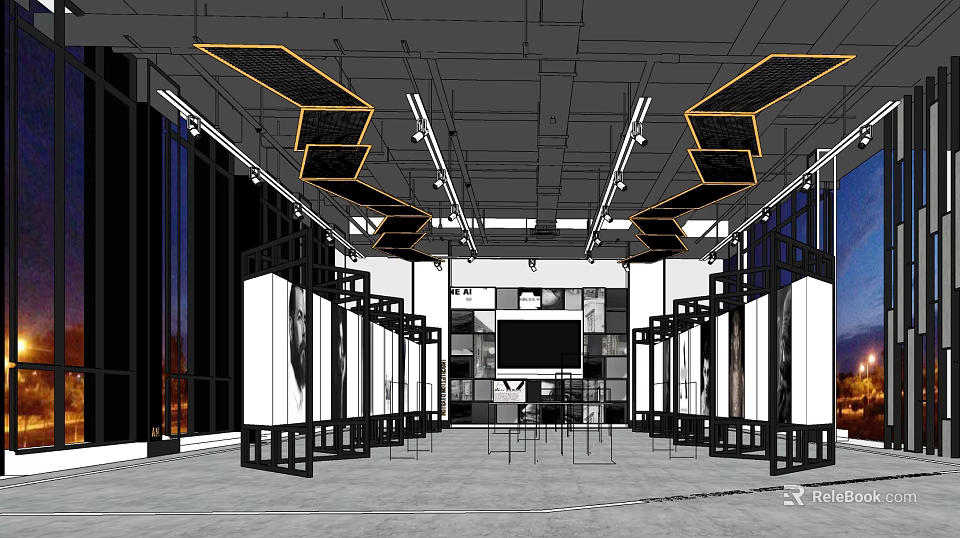 Modern Exhibition Space With Geometric Ceiling Decor Side Display Racks Central Large Screen Bright Lighting 3d model