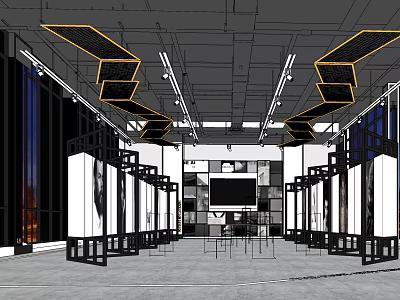 Modern Exhibition Space With Geometric Ceiling Decor Side Display Racks Central Large Screen Bright Lighting 3d model