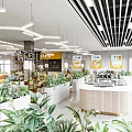 Vibrant Open Restaurant Interior With Colorful Chairs White Tables Pendant Lights And Screens
