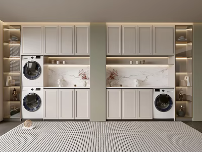 Modern Laundry Room Design with Double Washing Machines Cabinets Marble Countertops and Storage Shelves 3d model