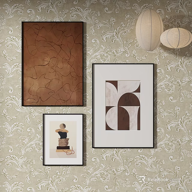 Diverse Abstract Paintings as Wall Decor on Patterned Wallpaper with Hanging Lanterns 3d model