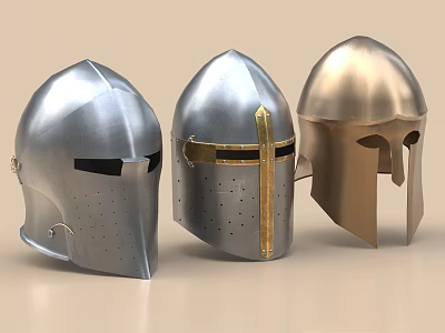 Medieval Metallic Helmets With Different Historical Designs And Decorative Elements 3d model