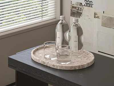 Transparent Glass Cups On Marble Tray With Water Bottles On Black Table Indoor 3d model