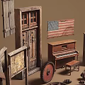 Vintage Antique Items Collection with Wooden Doors Piano Wheels Tools American Flag and Deer Skulls
