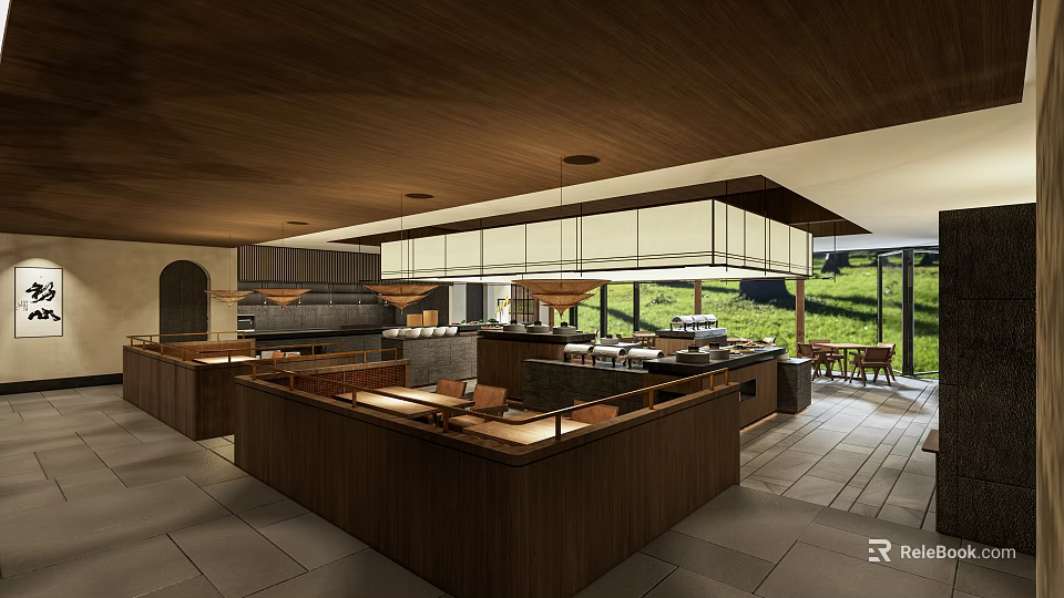 Modern Restaurant Interior With Wooden Bar Counter Open Layout And Large Windows 3d model 