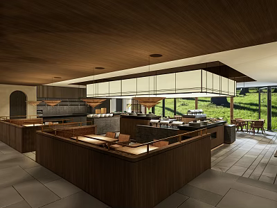 Modern Restaurant Interior With Wooden Bar Counter Open Layout And Large Windows 3d model