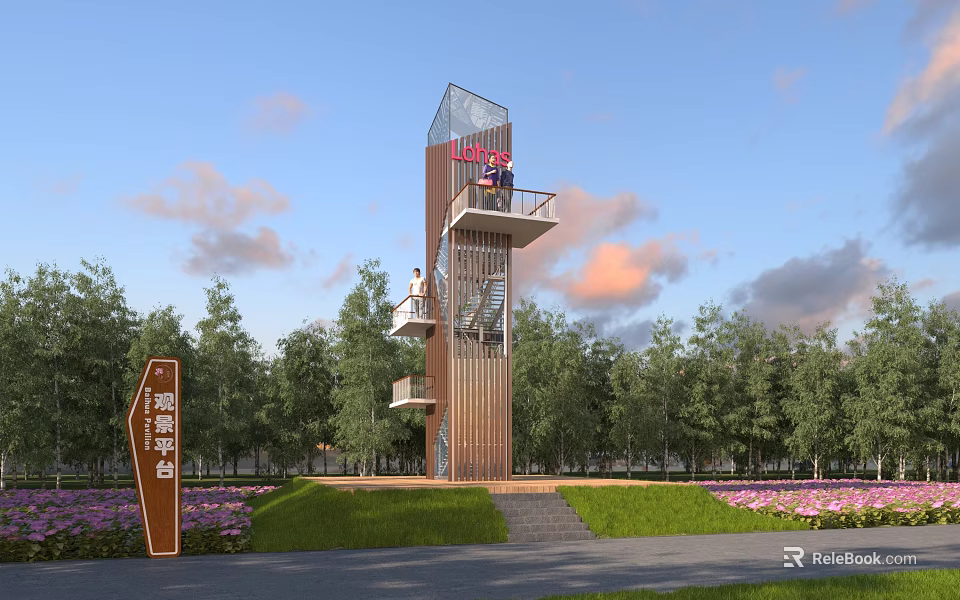 Scenic Observation Deck With Wooden Structure Glass Roof And Surrounding Trees Flowers Grass 3d model 
