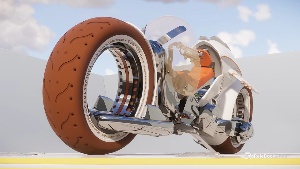 Futuristic Motorcycle With Large Brown Treaded Tire Transparent Fairing And Orange Seat 3d model 