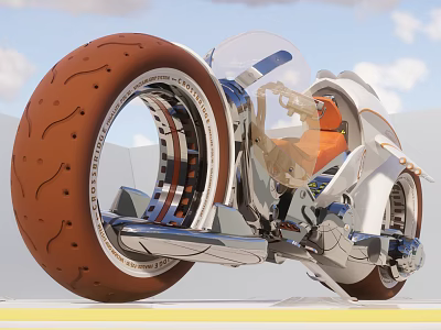 Futuristic Motorcycle With Large Brown Treaded Tire Transparent Fairing And Orange Seat 3d model