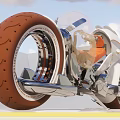 Futuristic Motorcycle With Large Brown Treaded Tire Transparent Fairing And Orange Seat
