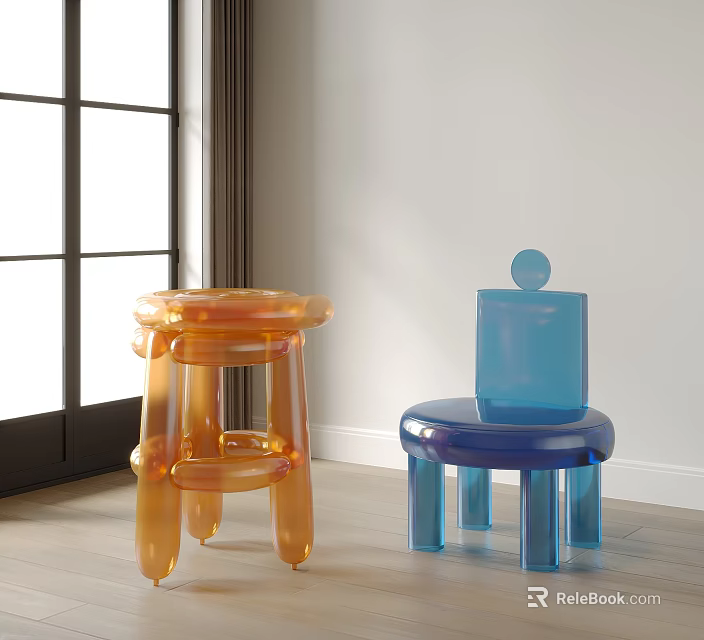 Modern Indoor Orange And Blue Stools With Unique Contemporary Design 3d model