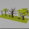 Green Grass With Trees In Lush Foliage Bare Trunks Small Sapling Stone And Mushrooms