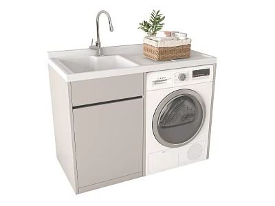 Practical Laundry Cabinet Unit Featuring Sink Washing Machine Wicker Basket And Potted Plant 3d model