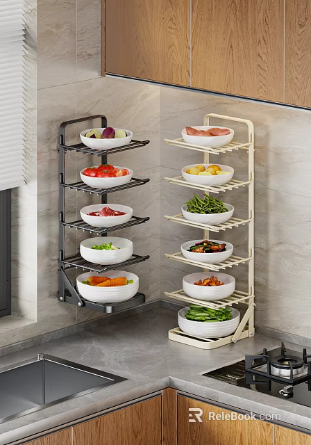 Organized Various Food Items In Bowls On Multi Tiered Kitchen Shelves 3d model 