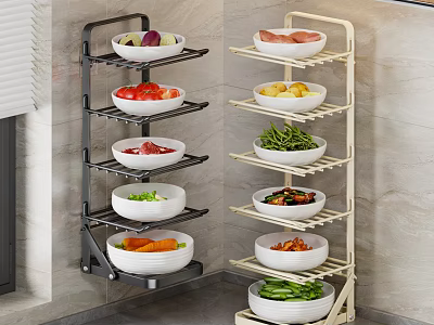 Organized Various Food Items In Bowls On Multi Tiered Kitchen Shelves 3d model
