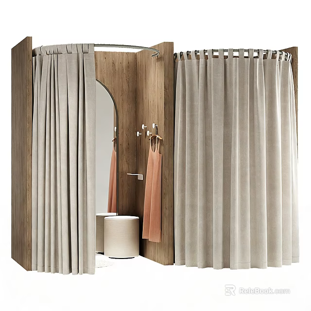Clothing Store Fitting Room With Wooden Design Beige Curtains And Mirror Hangers 3d model 