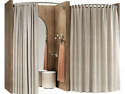 Clothing Store Fitting Room With Wooden Design Beige Curtains And Mirror Hangers 3d model