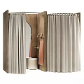 Clothing Store Fitting Room With Wooden Design Beige Curtains And Mirror Hangers