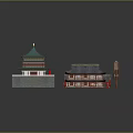 Ancient Chinese Architecture Multi story Tower with Green Roof Red Pillars and Stone Pavement Courtyard