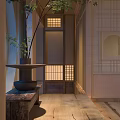 Traditional Japanese Style Elevator Corridor With Wooden Lattice Windows And Circular Doorway