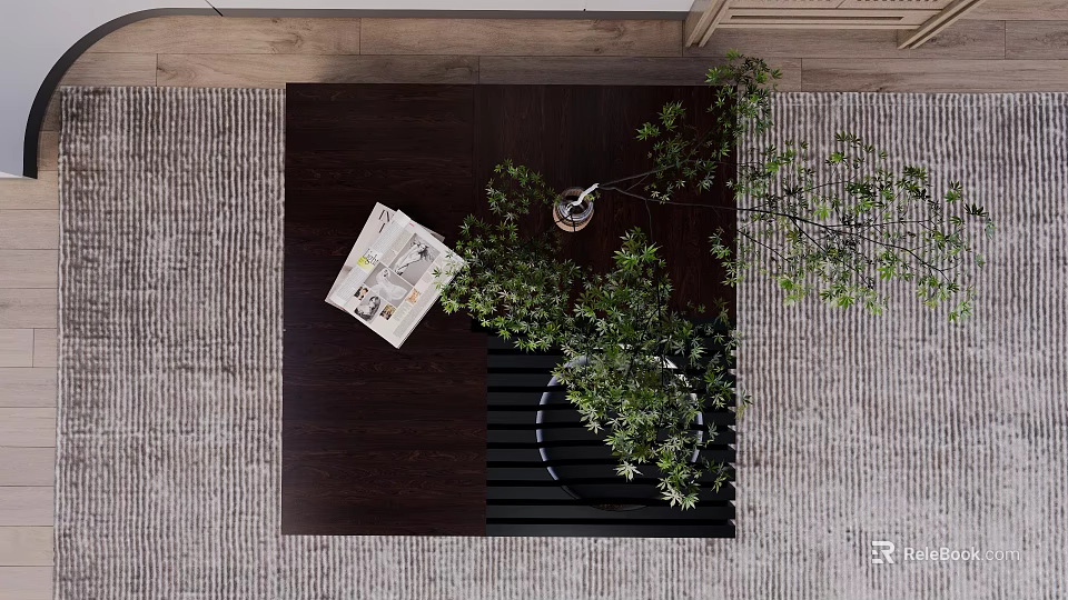 Dark Wood Coffee Table With Green Plant And Magazine On Gray Rug 3d model 