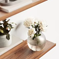 Elegant Wooden Shelf Decorative Ornament Collection with Vases Candles Green Plant Clock and White Flowers