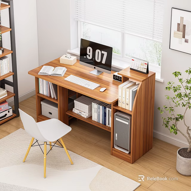 Wooden Home Office Desk With Open Notebook Keyboard Mouse Digital Clock And Potted Plant 3d model 