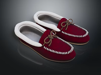 Red Slippers with White Fur Lining Stitching Bow Tie Laces Brown Sole Comfortable Home Wear 3d model