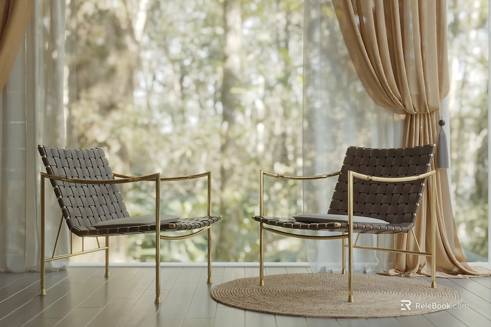 Woven Accent Chairs With Golden Legs By Window Curtains On Wooden Floor And Rug 3d model 